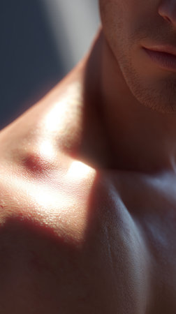 Close-up of a mans shoulder and neck under soft lighting in a studio settingの素材