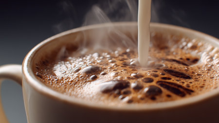 Steaming coffee getting fresh cream poured on top in a cozy settingの素材