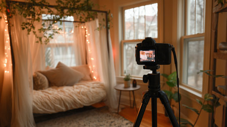 Cozy indoor photography setup with natural light and decorative plants in the backgroundの素材