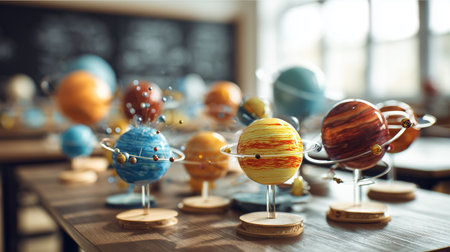 Models of the solar system on display in a classroom for educational purposesの素材