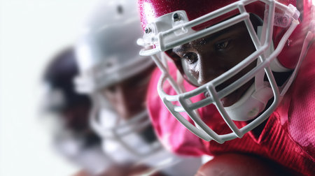 Football players lined up ready for action during an intense game on the fieldの素材