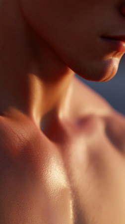 Close-up of a toned male neck and shoulder during sunset in a serene settingの素材