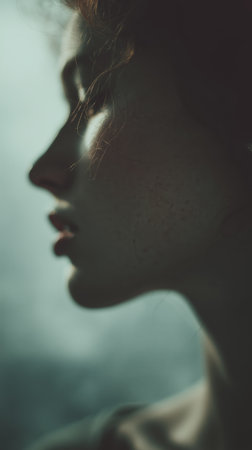 Portrait of a woman in profile with soft lighting and dreamy atmosphereの素材