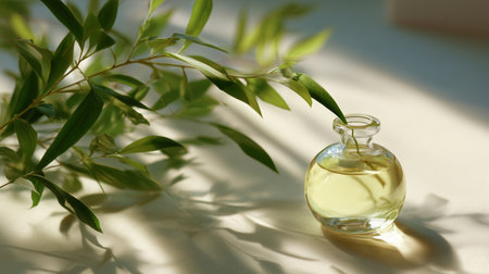 Glass bottle filled with golden oil beside fresh green leaves on a wooden surfaceの素材