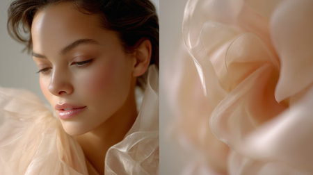 Close-up of a woman in soft fabric with delicate features and natural makeupの素材