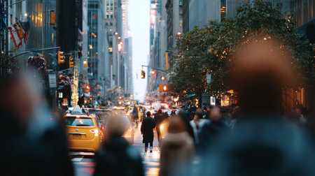 Busy urban street scene with pedestrians and yellow taxi during late afternoonの素材