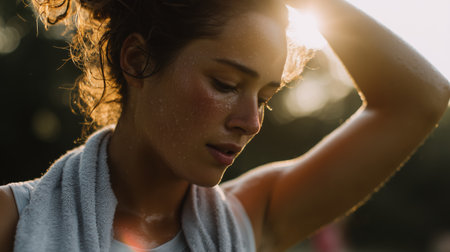 Young woman exercising outdoors in the evening light, focusing on her fitness routineの素材