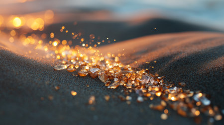 Sparkling gems scattered on shimmering sand at sunset on a beachの素材