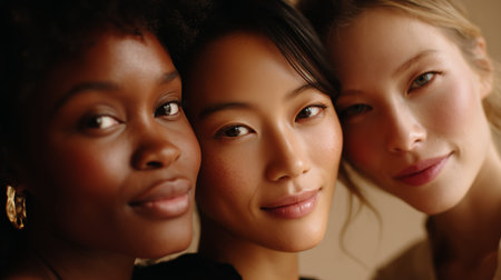 Three women smiling together, celebrating friendship and beauty in warm lightの素材
