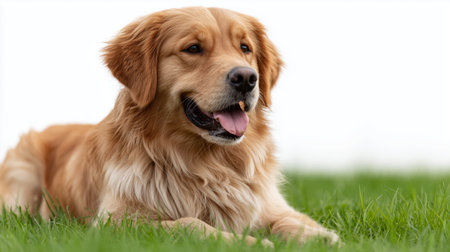 Golden retriever resting on green grass in a sunny outdoor setting near a parkの素材