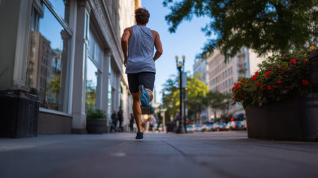 Runner enjoying a morning jog on a city sidewalk with blooming flowers and clear skiesの素材