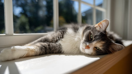 Cat lounging in sunlight by the window on a warm afternoonの素材