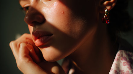 A young woman rests her chin on her hand while soft light illuminates her face and featuresの素材