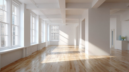 Bright and spacious empty room with wooden floors and large windows in a modern buildingの素材