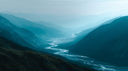 Scenic mountain landscape with winding river and foggy atmosphere at dawnの素材