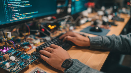Working on programming tasks in a high-tech lab setting with computers and circuit boardsの素材