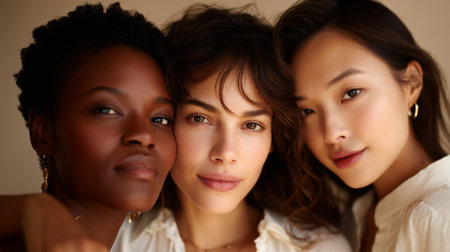 Three women posing together with friendly smiles in a warm, neutral settingの素材