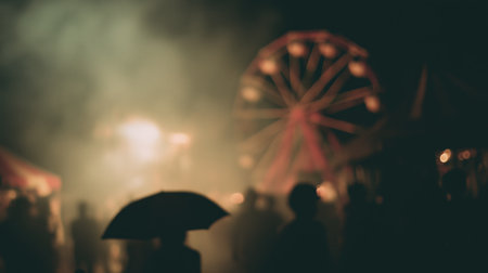 Colorful carnival lights shine through a smoky night at the fairgroundの素材