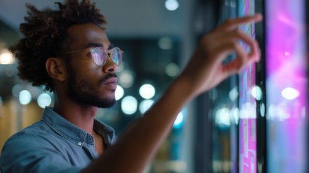 Young man interacts with digital screen in modern technology space during evening hoursの素材