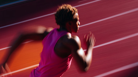 Runner sprints on athletic track during day, showcasing speed and focusの素材