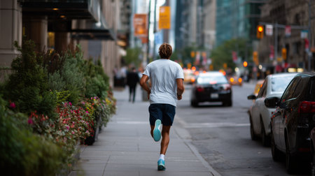 Runner navigating a city street in the evening with vibrant city life aroundの素材