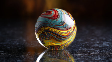 Colorful marble resting on a reflective surface with dynamic swirls and patternsの素材