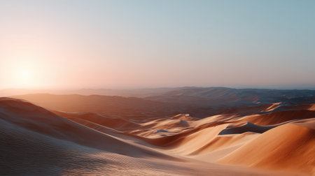 Sunset over vast sand dunes in a serene desert landscapeの素材