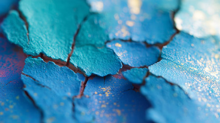Cracked blue paint texture showing vibrant layers and deep fissures in artistic detailの素材