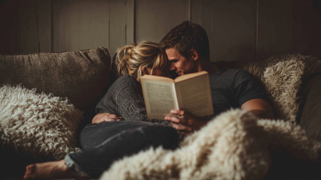 Cozy couple sharing a loving moment while reading together on a sofaの素材