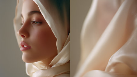 Young woman in soft headscarf gazes thoughtfully while light gently illuminates her faceの素材