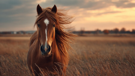 Majestic brown horse standing gracefully in a golden field during sunset hoursの素材