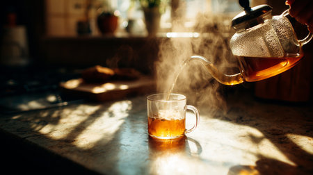 Warm tea being poured into a glass cup on a sunny kitchen countertopの素材