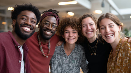 Friends enjoying a cheerful moment together in a cozy indoor setting with natural lightの素材