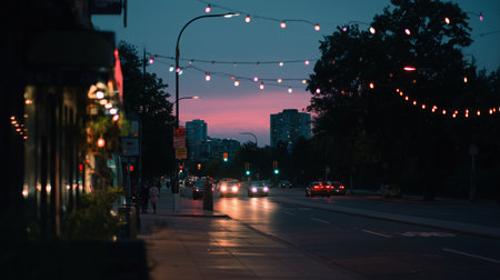 Evening city street scene with glowing lights and calm sunset skyの素材