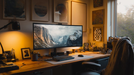 Cozy workspace with large monitor displaying a mountain landscape during evening lightの素材