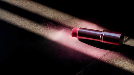 Lipstick lies on a dark surface illuminated by soft sunlight beams in a chic settingの素材