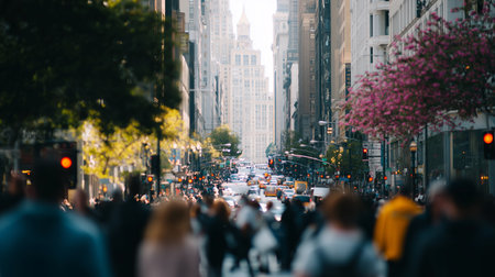 Busy city street filled with people and traffic during a sunny afternoon in springの素材