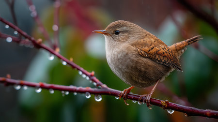 Brown bird perched on a wet branch with raindrops in a lush green backgroundの素材