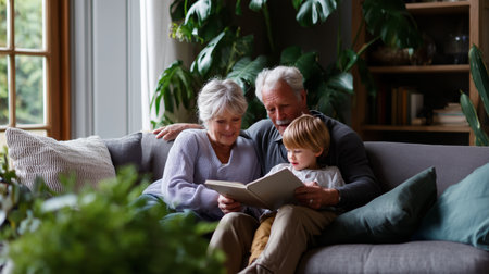 Grandparents reading a storybook to their grandchild in a cozy living room filled with plantsの素材
