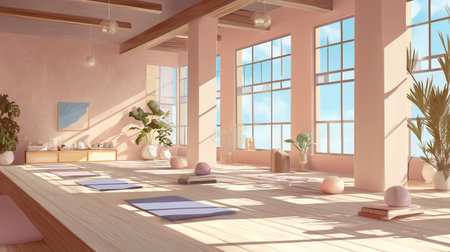 Bright and calming yoga studio with natural light and plants during the daytimeの素材