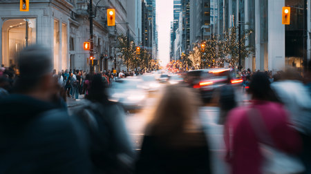 Busy city street during evening rush with holiday lights and pedestriansの素材