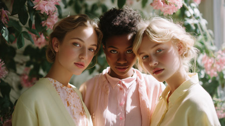 Three women posing together among pink flowers in a bright, natural setting during springの素材