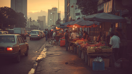 Vibrant street market scene at dusk in a bustling urban areaの素材