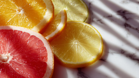 Colorful citrus slices arranged beautifully on a marble surface with shadowsの素材