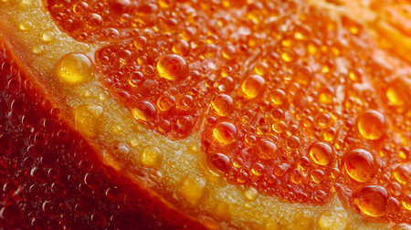 Fresh orange slice with droplets reflecting sunlight in morning lightの素材