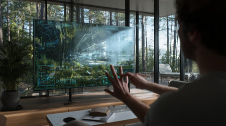 Exploring futuristic technology in a serene modern home environmentの素材