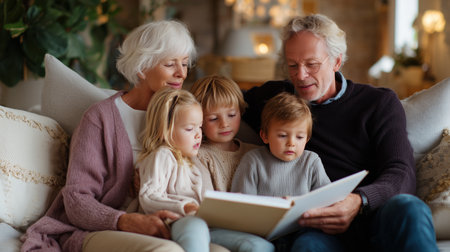 Grandparents read a storybook to their grandchildren in a cozy living room settingの素材