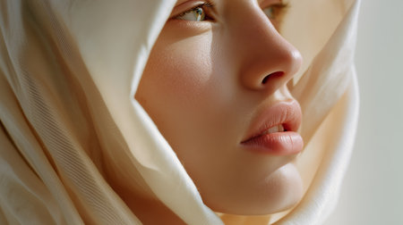 Close-up of a woman wearing a light-colored scarf, showcasing her serene expression and featuresの素材
