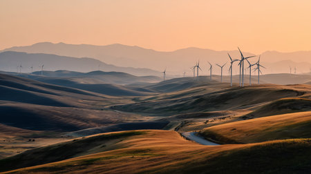 Windswept hills at sunset with wind turbines in the distanceの素材