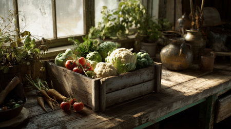 Fresh vegetables in a rustic setting with sunlight streaming through old windowsの素材